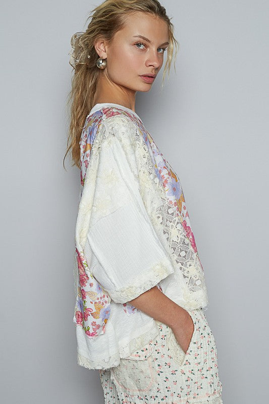 POL Floral Lace Patch Round Neck Double Gauze Top - Sydney So Sweet