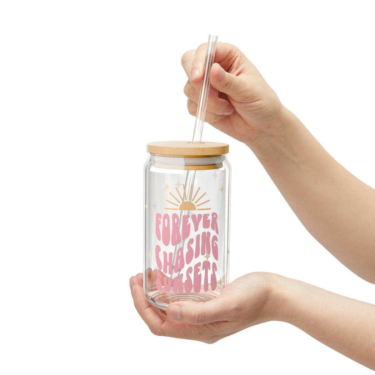 Forever Chasing Sunsets Tumbler Sipper Glass 16oz — Reusable Drink Jar with Lid & Straw