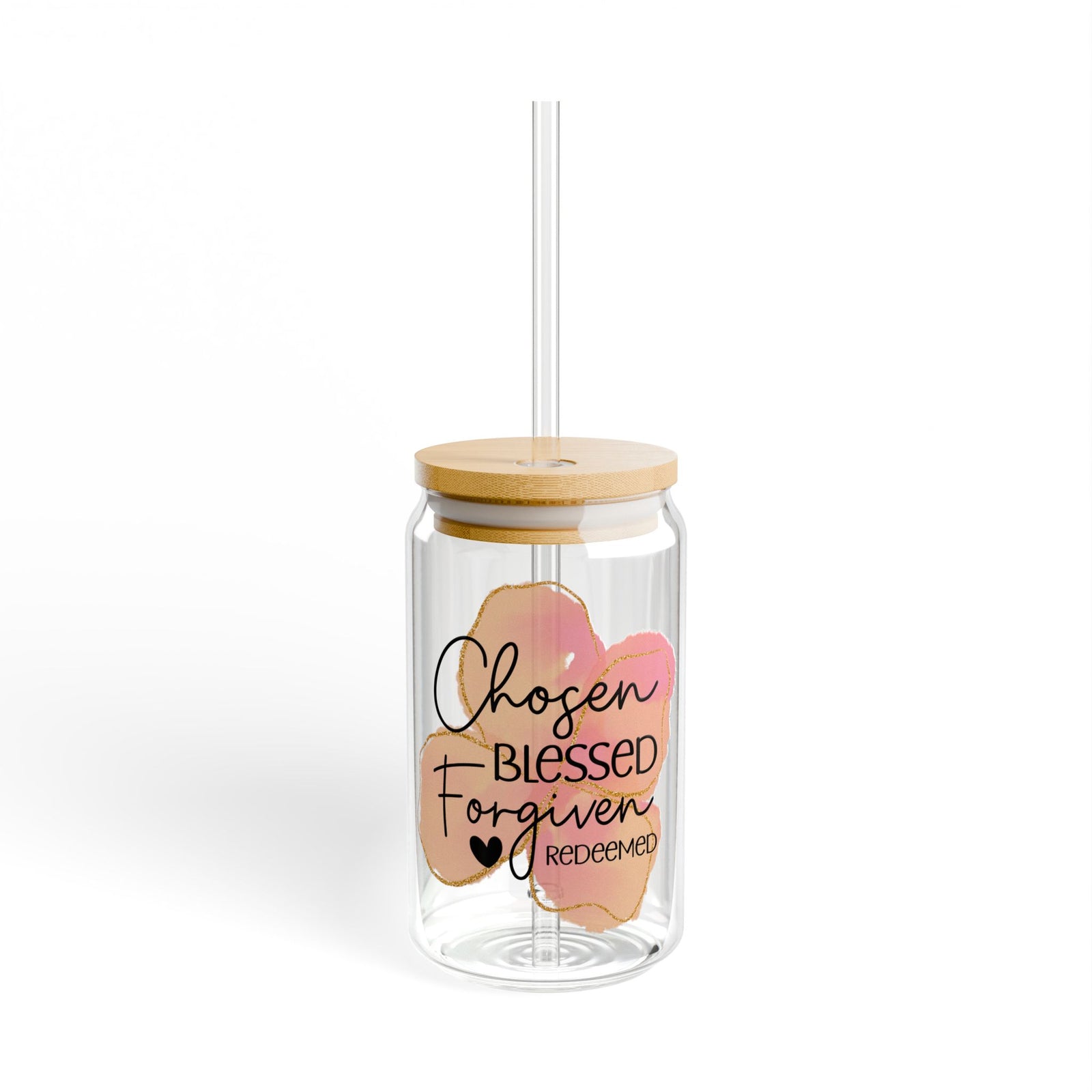 Chosen • Blessed • Forgiven Christian Tumbler Sipper Glass 16oz — Reusable Drink Jar with Lid & Straw