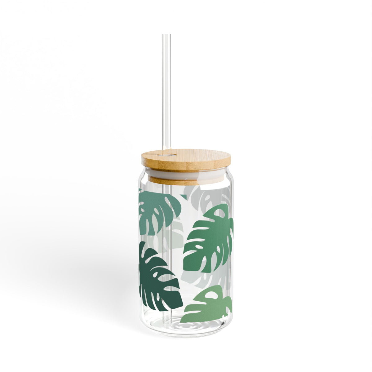 Monstera Leaf Tumbler Sipper Glass 16oz — Reusable Drink Jar with Lid & Straw