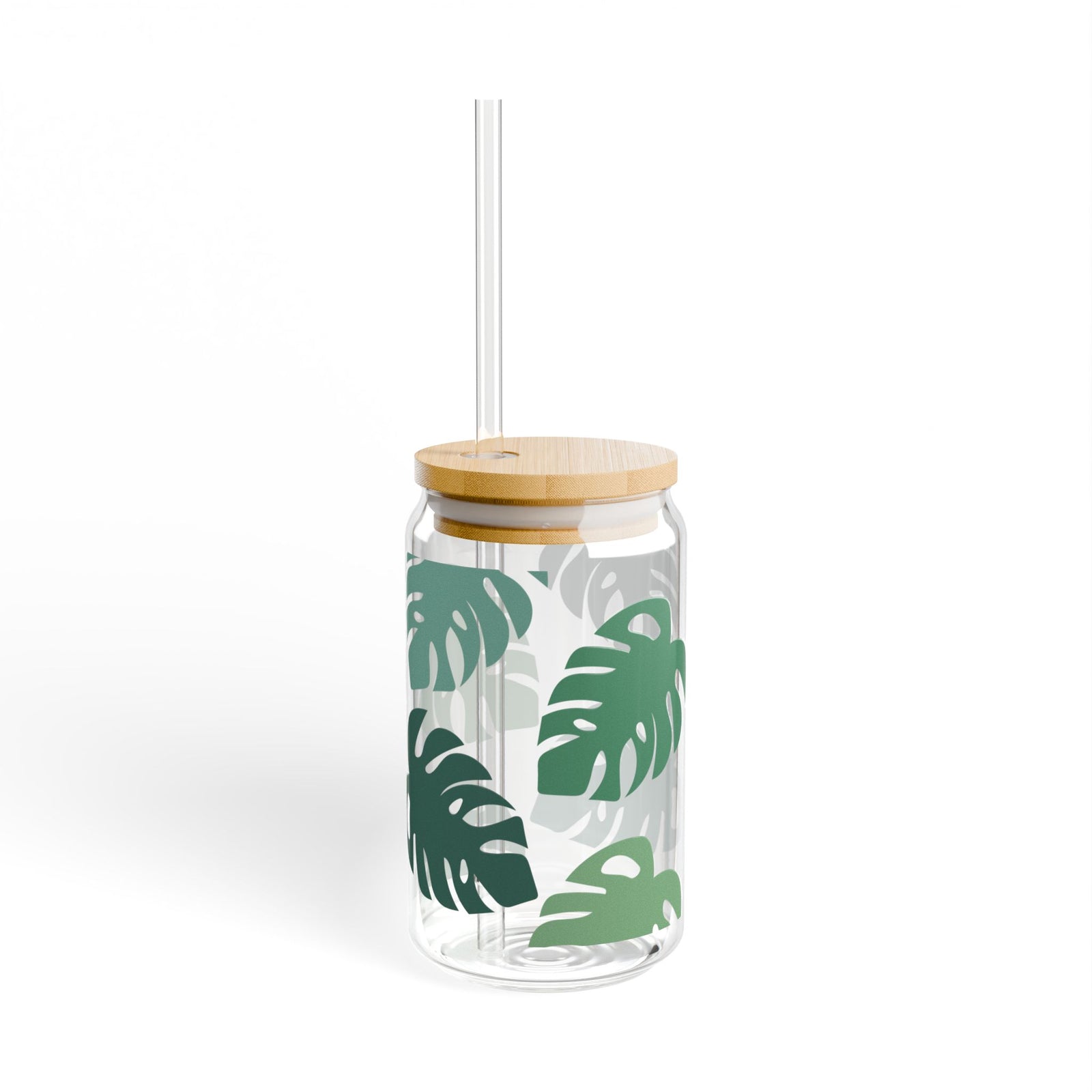 Monstera Leaf Tumbler Sipper Glass 16oz — Reusable Drink Jar with Lid & Straw