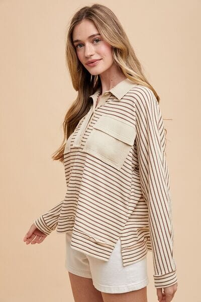 Annie Wear Striped Button Detail Long Sleeve Polo Top - Sydney So Sweet