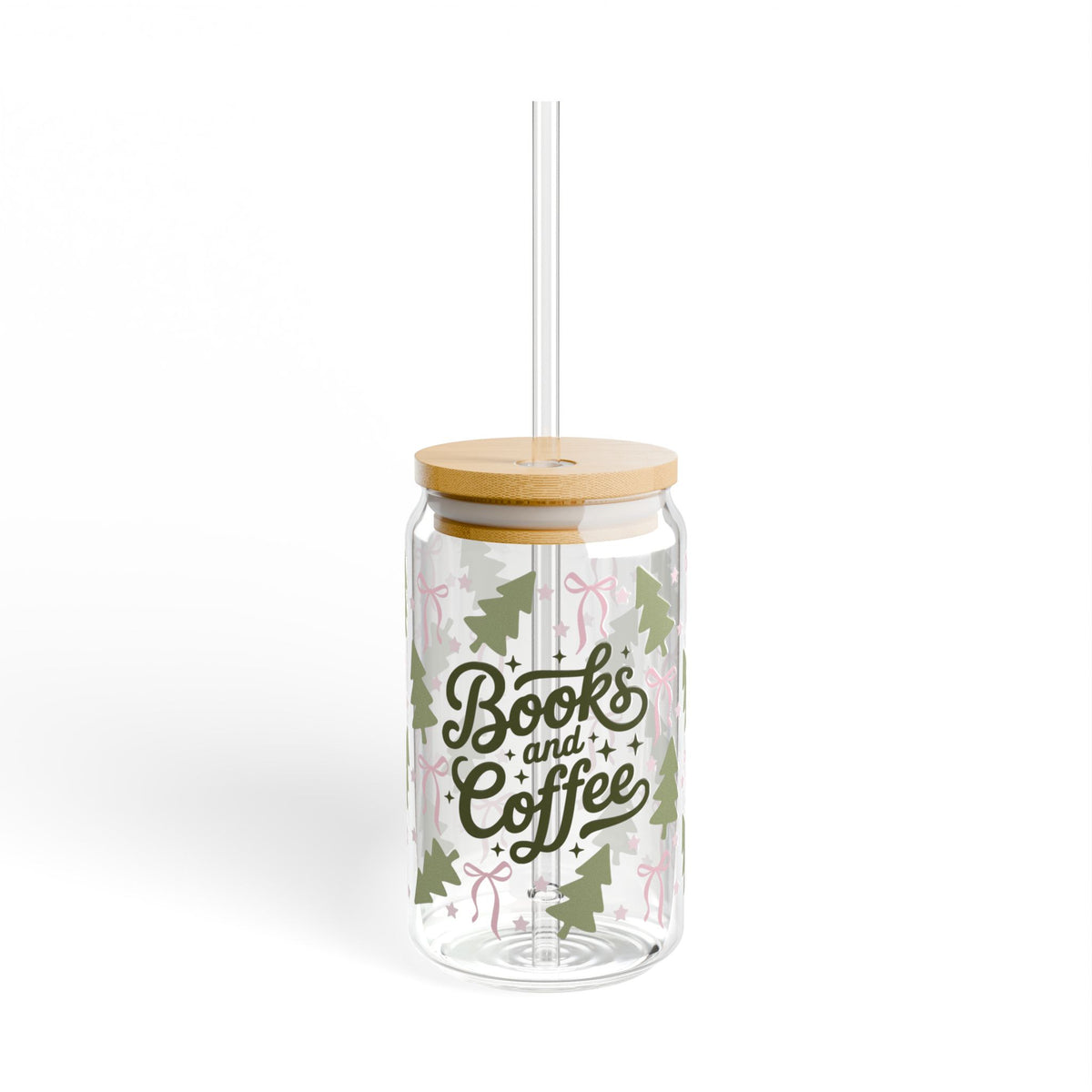 Books & Coffee Coquette Trees Sipper Glass 16oz Reusable Drink Jar with Lid & Straw