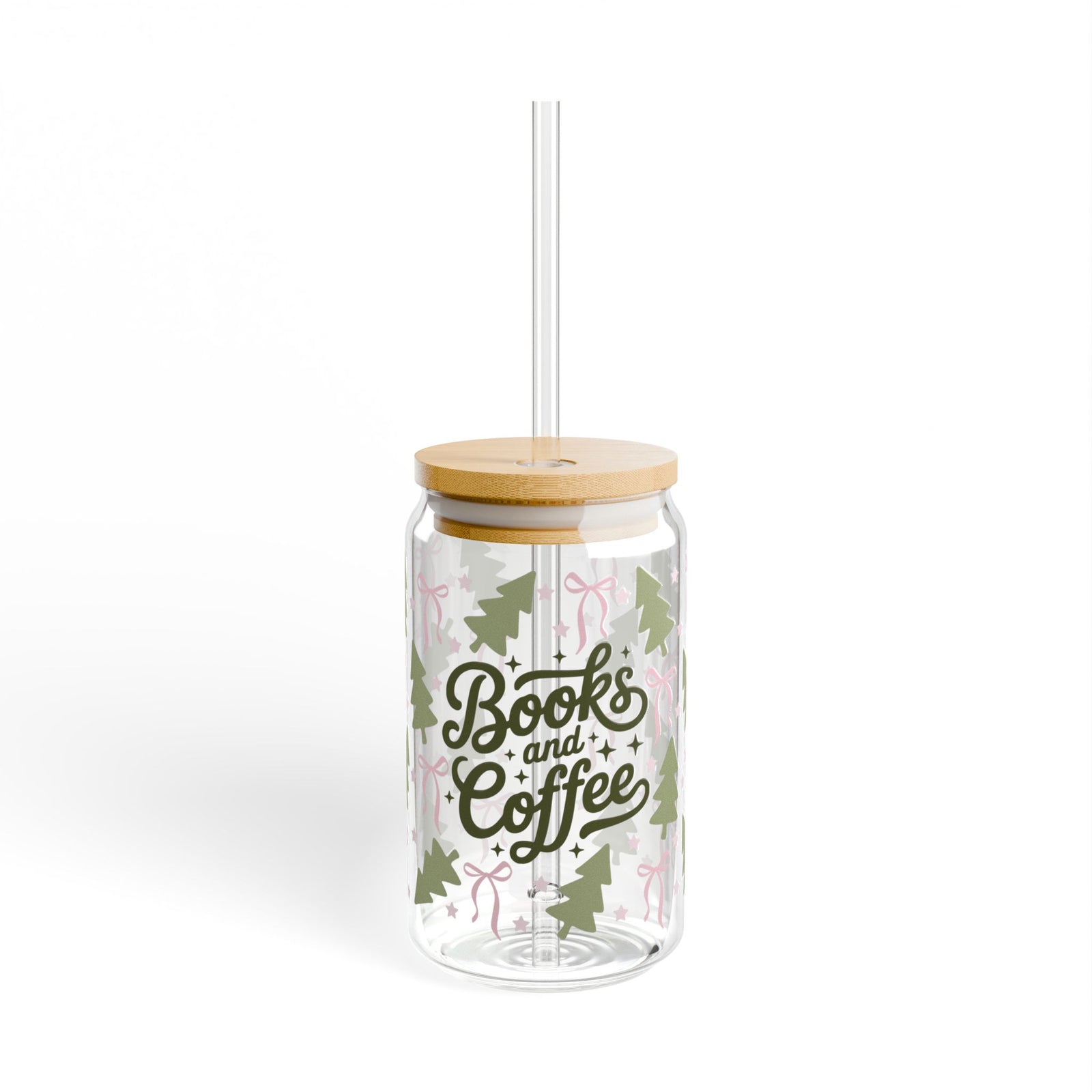 Books & Coffee Coquette Trees Sipper Glass 16oz Reusable Drink Jar with Lid & Straw