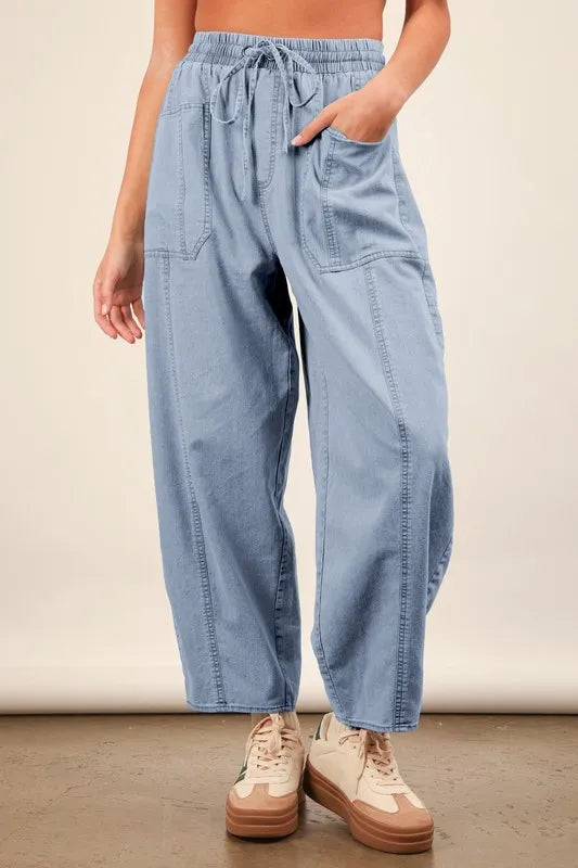 VERY J Washed Chambray Barrel Denim Pants - Sydney So Sweet