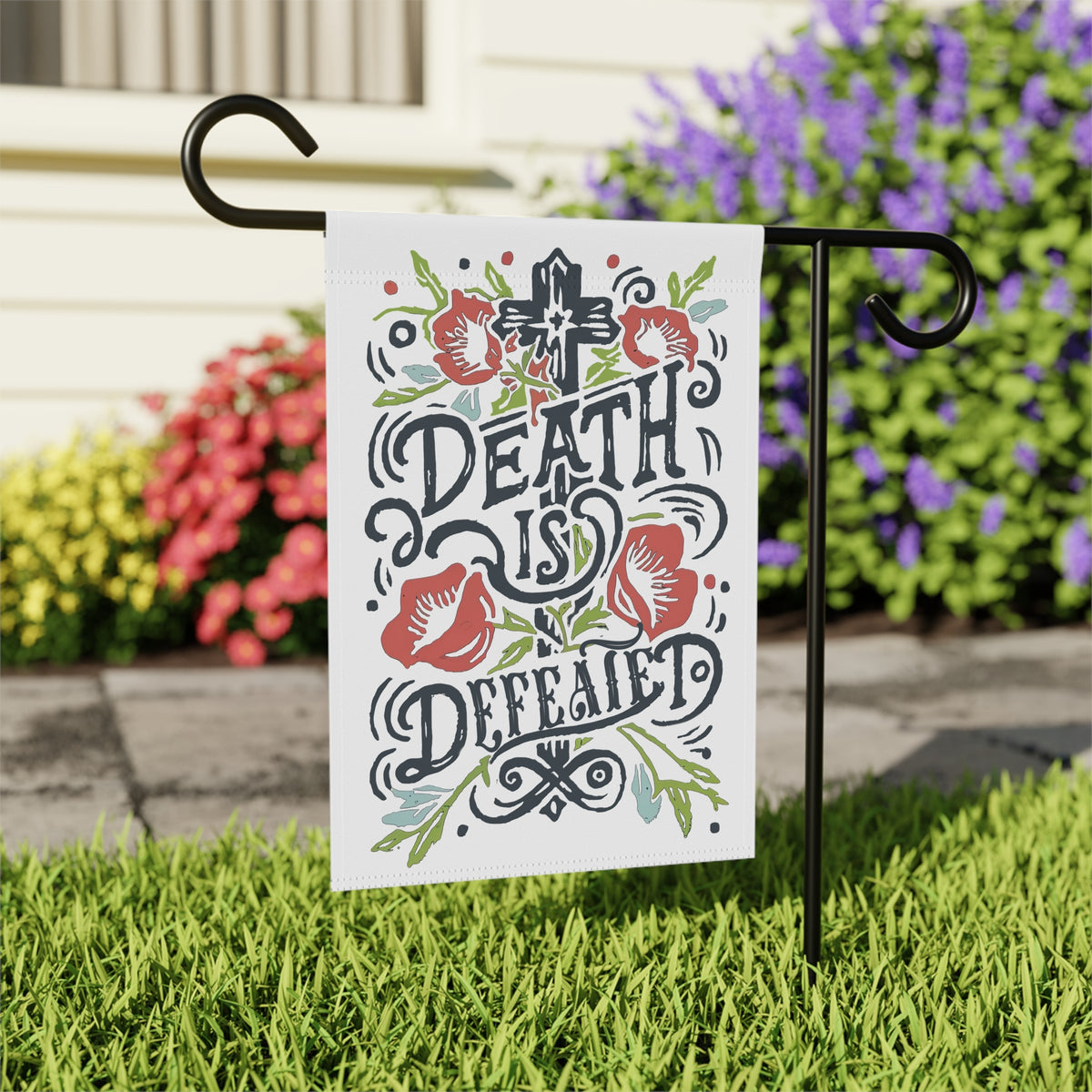 Death Is Defeated Garden Flag Floral Easter Christian Yard Banner