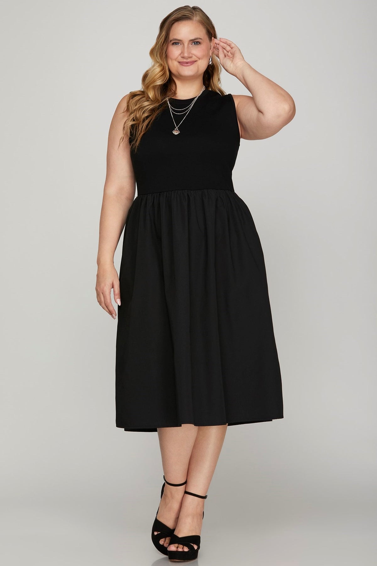 She + Sky Full Size Sleeveless Poplin Woven Midi Dress with Pockets Plus Size - Sydney So Sweet