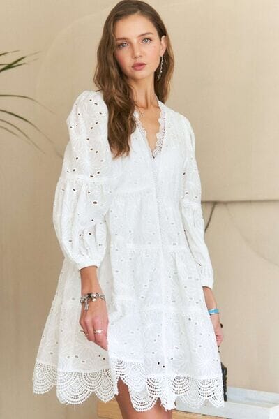 ADORA Lace Detail Tiered Eyelet V-Neck Babydoll Dress - Sydney So Sweet