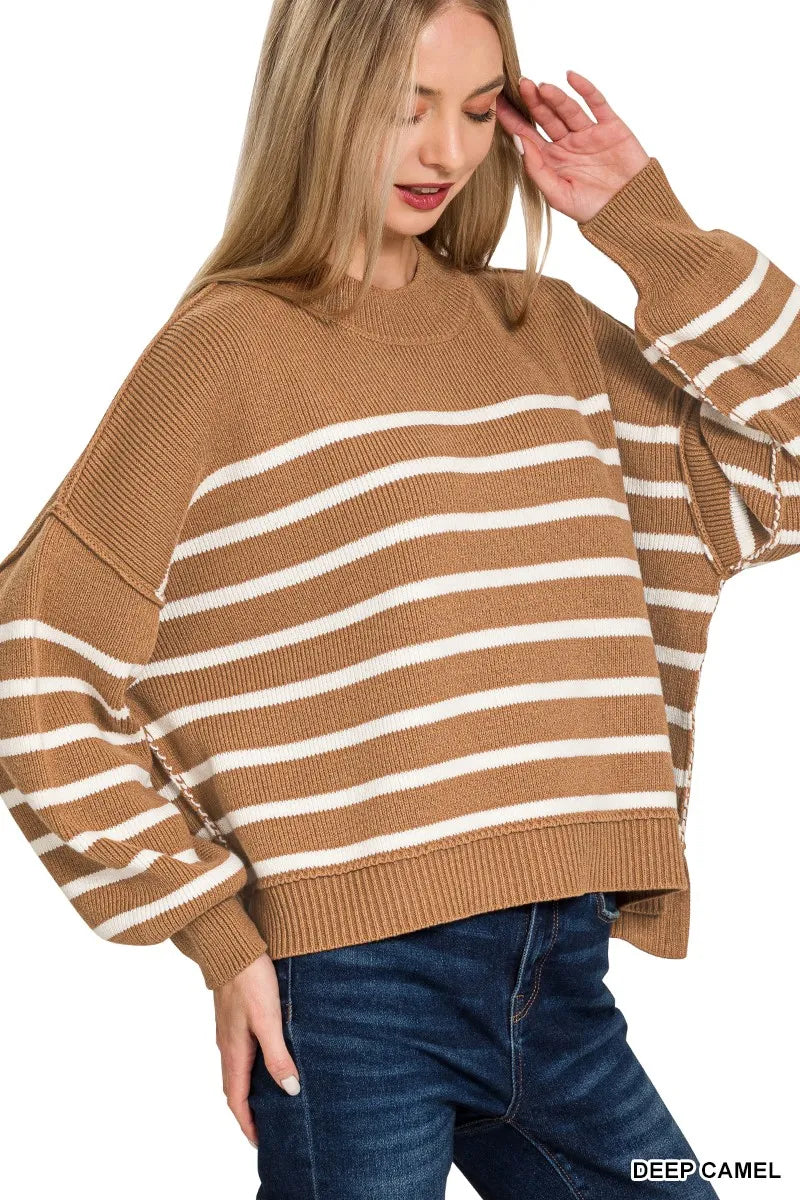 Zenana Exposed Seam Striped Oversized Sweater - Sydney So Sweet