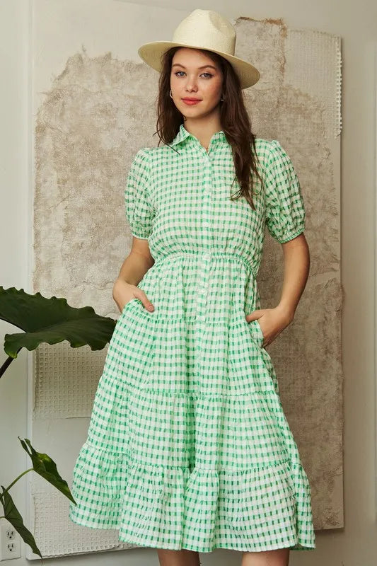 Davi & Dani Checkered Puff Sleeve Tiered Shirt Dress - Sydney So Sweet