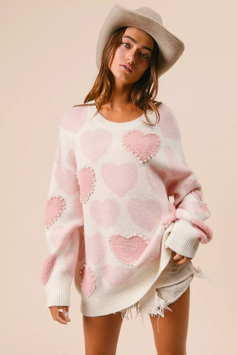 BiBi Heart Pattern Sweater with Pearl Detail - Sydney So Sweet