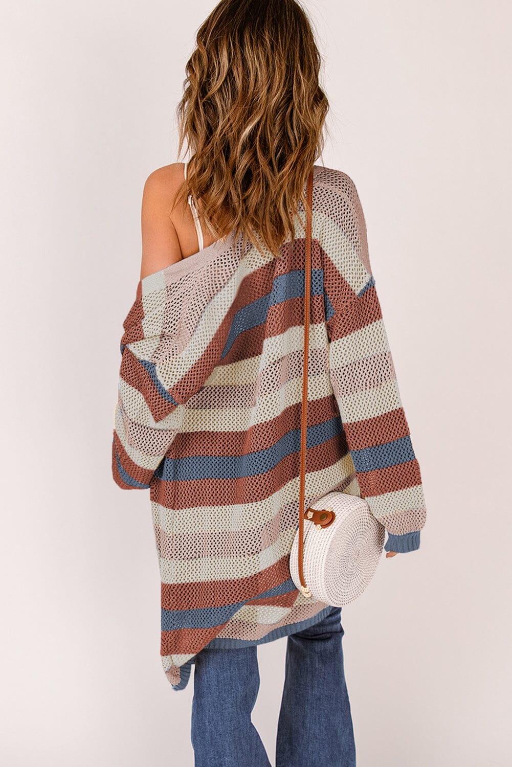 Full Size Striped Long Sleeve Openwork Cardigan - Sydney So Sweet