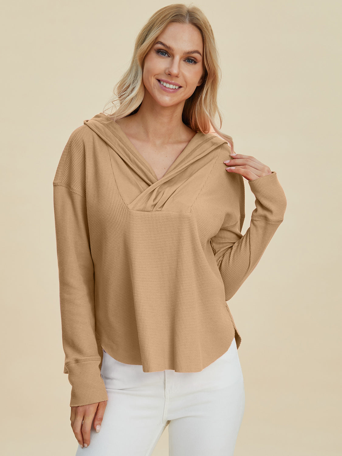 Double Take Full Size High-Low Dropped Shoulder Long Sleeve Hoodie - Sydney So Sweet