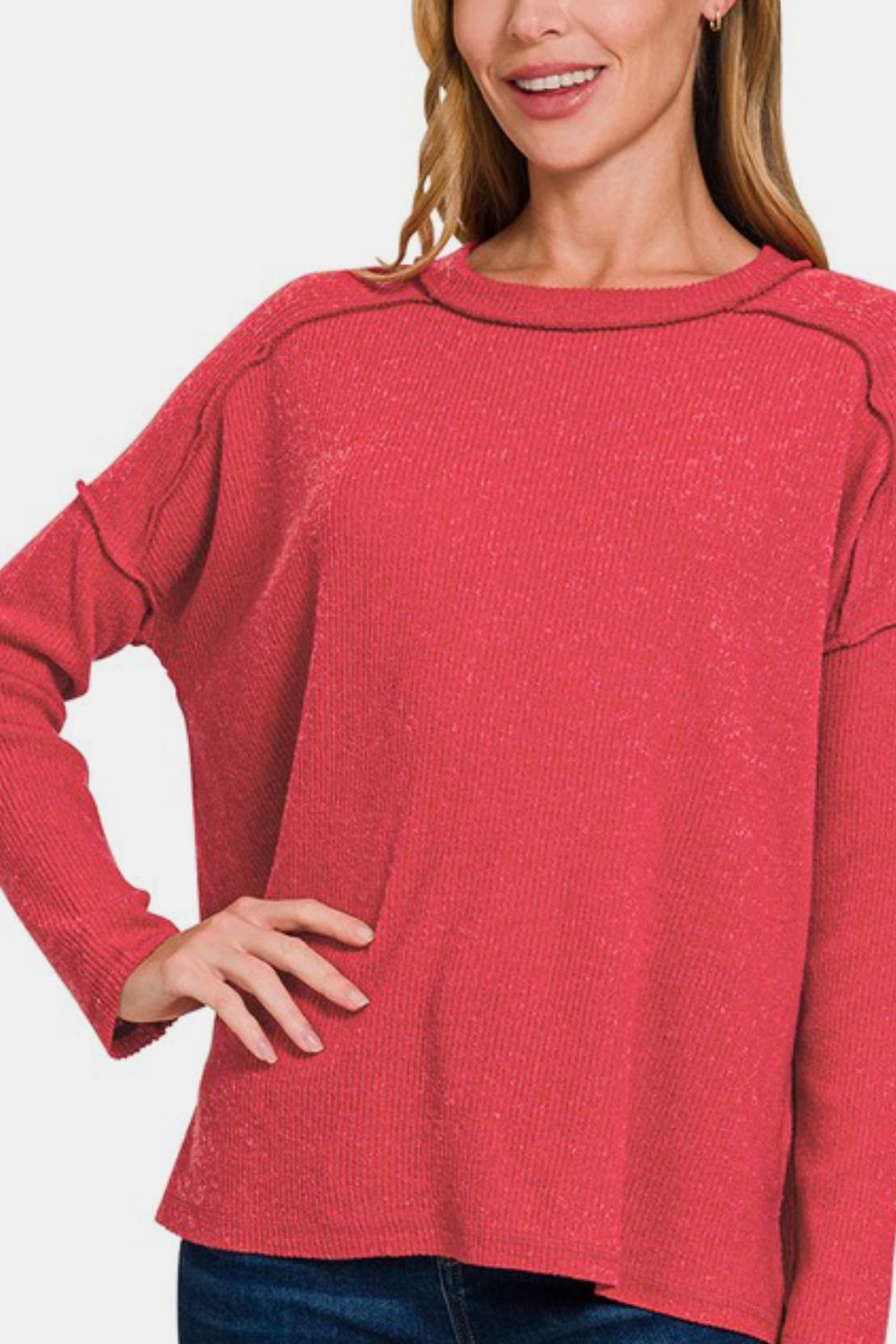 Zenana Full Size Exposed Seam Brushed Round Neck Sweater - Sydney So Sweet