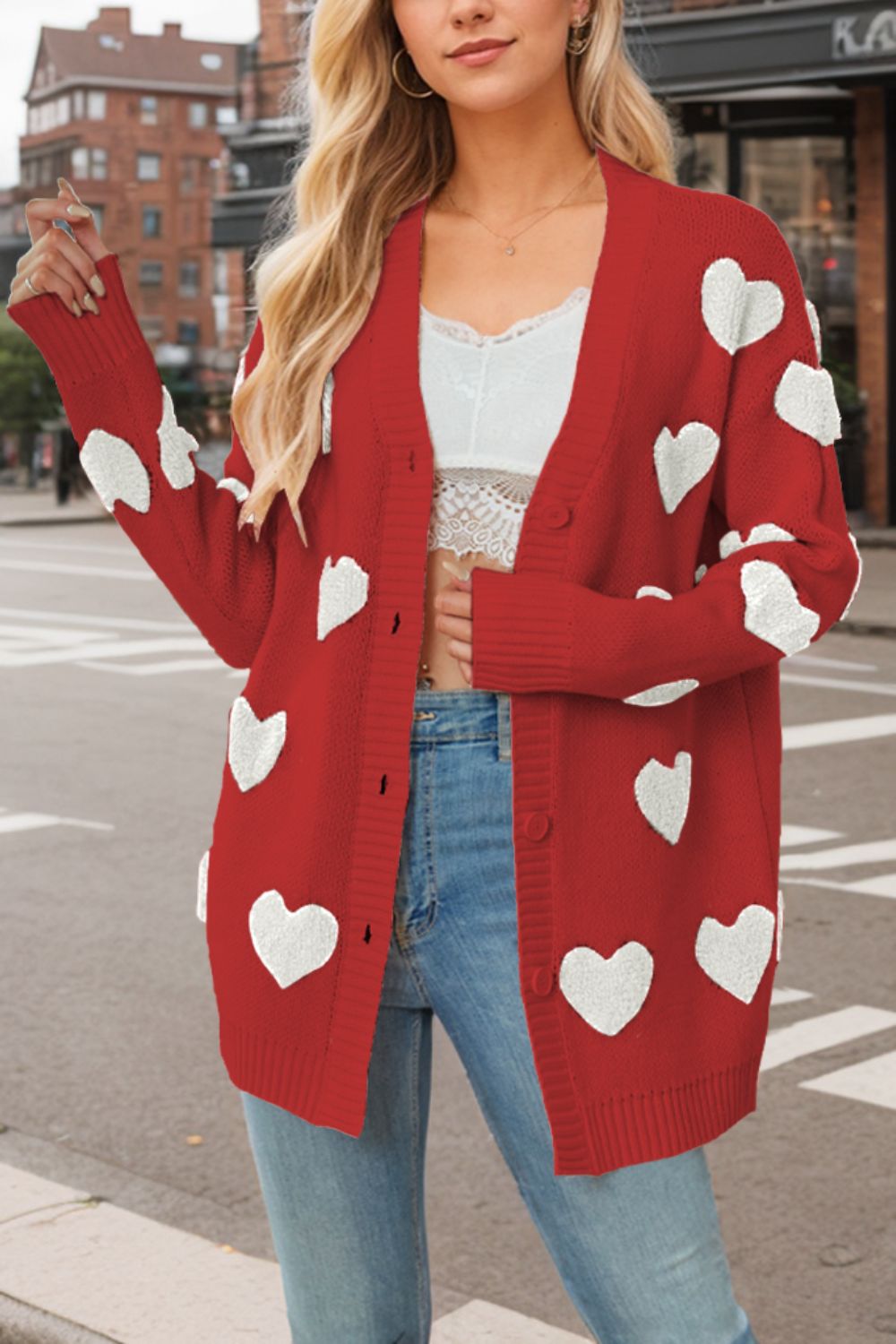 Heart Button Down Long Sleeve Cardigan - Sydney So Sweet