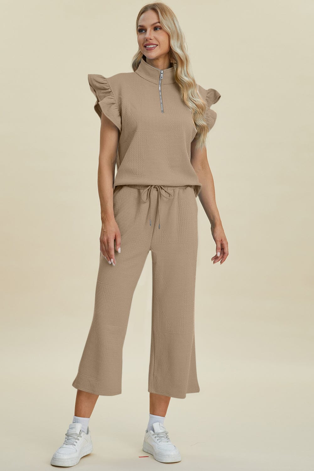 Double Take Full Size Texture Ruffle Short Sleeve Top and Wide Leg Pants Set - Sydney So Sweet