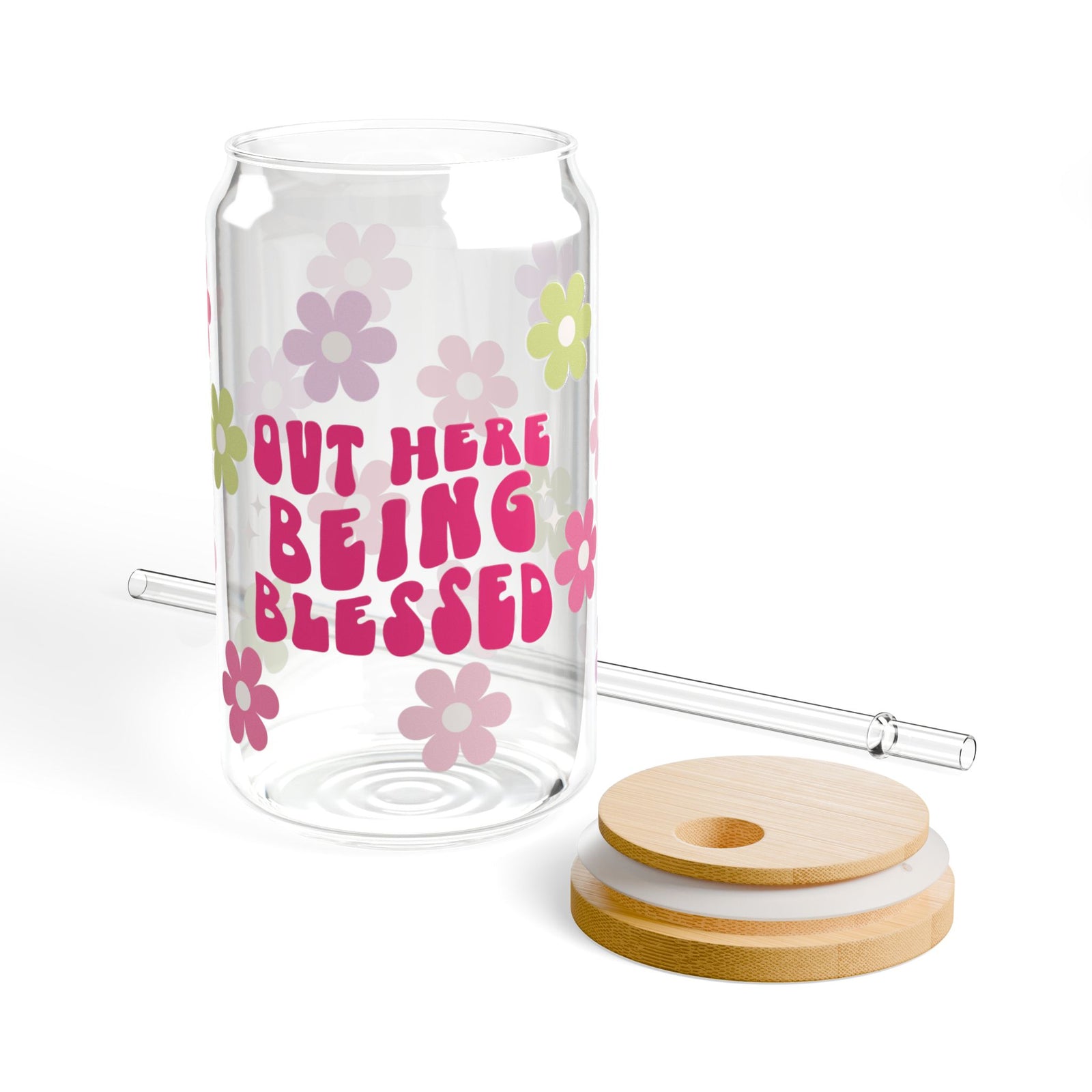 Out Here Being Blessed Retro Floral Sipper Glass 16oz — Reusable Drink Jar with Lid & Straw