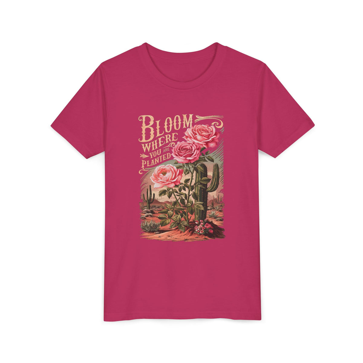 Bloom Where You are Planted Kids T-Shirt Western Rose Cactus Graphic Tee