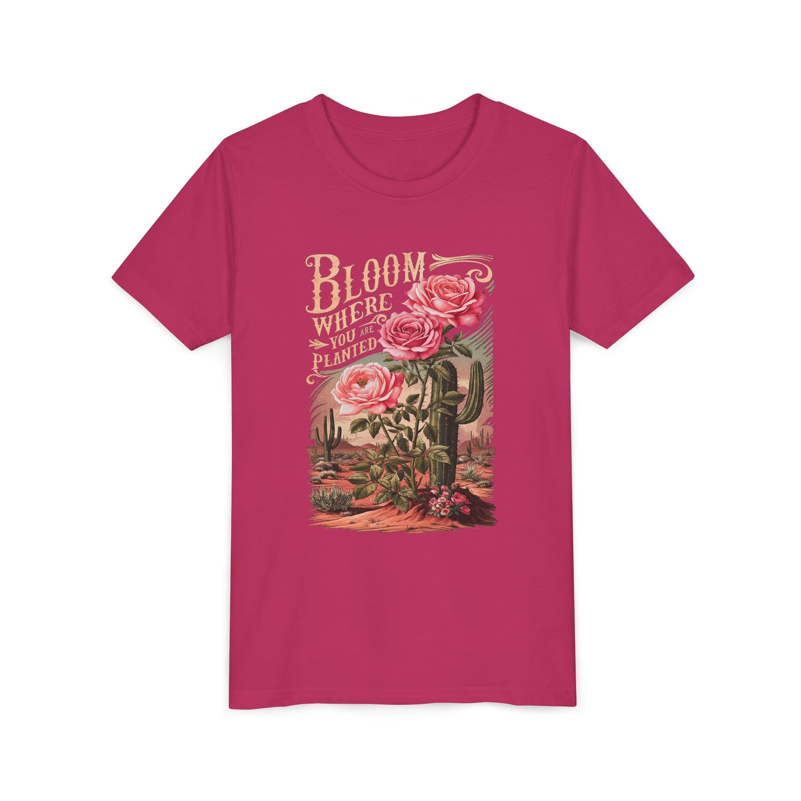 Bloom Where You are Planted Kids T-Shirt Western Rose Cactus Graphic Tee