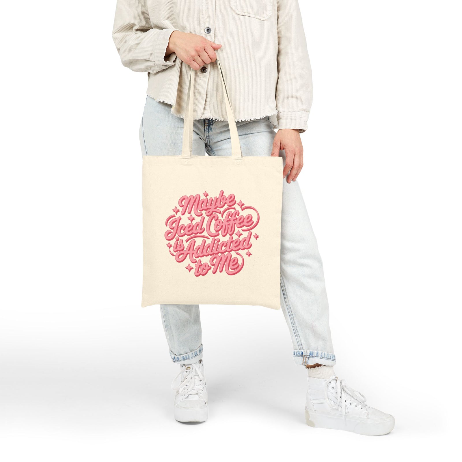 Maybe Iced Coffee is Addicted to Me Cute Pink Script Cotton Canvas Tote Bag