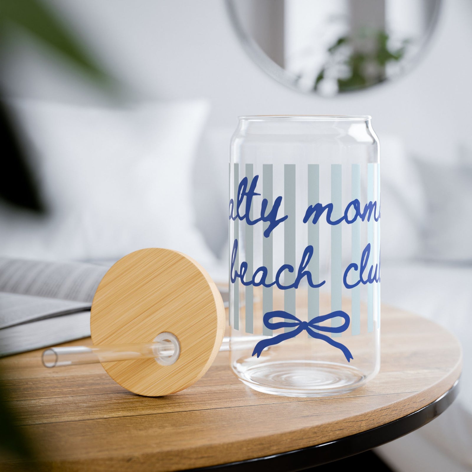 Salty Mama Beach Club Blue Stripe Sipper Glass 16oz Reusable Drink Jar with Lid & Straw