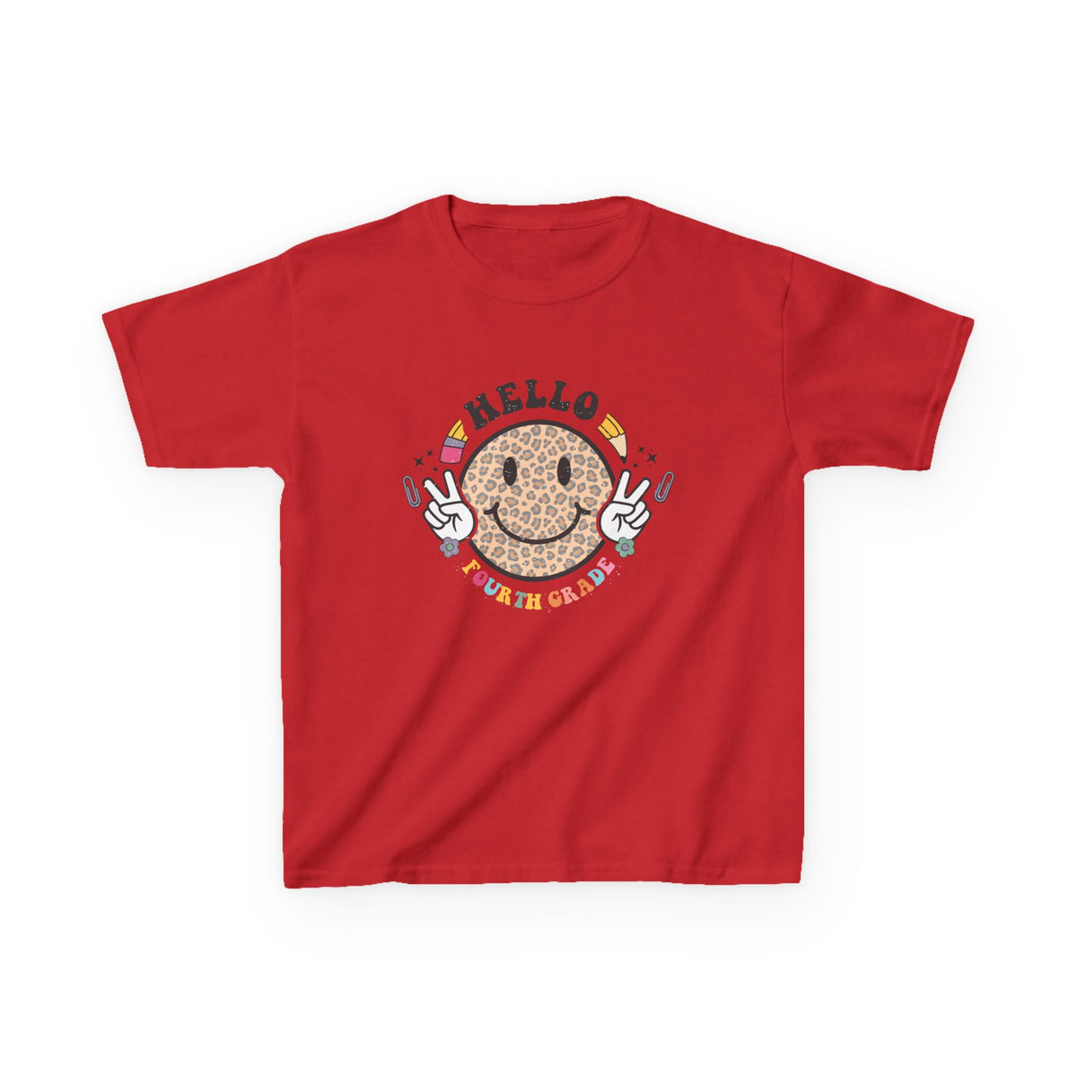 Fourth Grade Cheetah Smiley Face Graphic Tee Back-to-School 4th Grade Kids T-Shirt