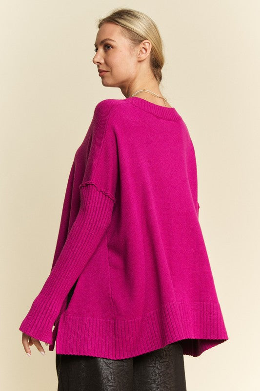 Davi & Dani Ribbed Side Slit V-Neck Sweater - Sydney So Sweet