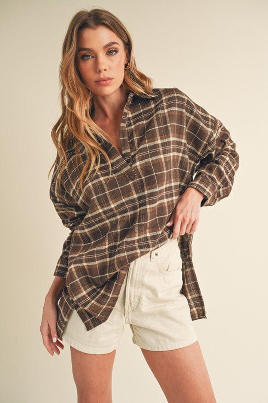 Aemi + Co Side Slit High-Low Plaid Long Sleeve Polo Shirt - Sydney So Sweet