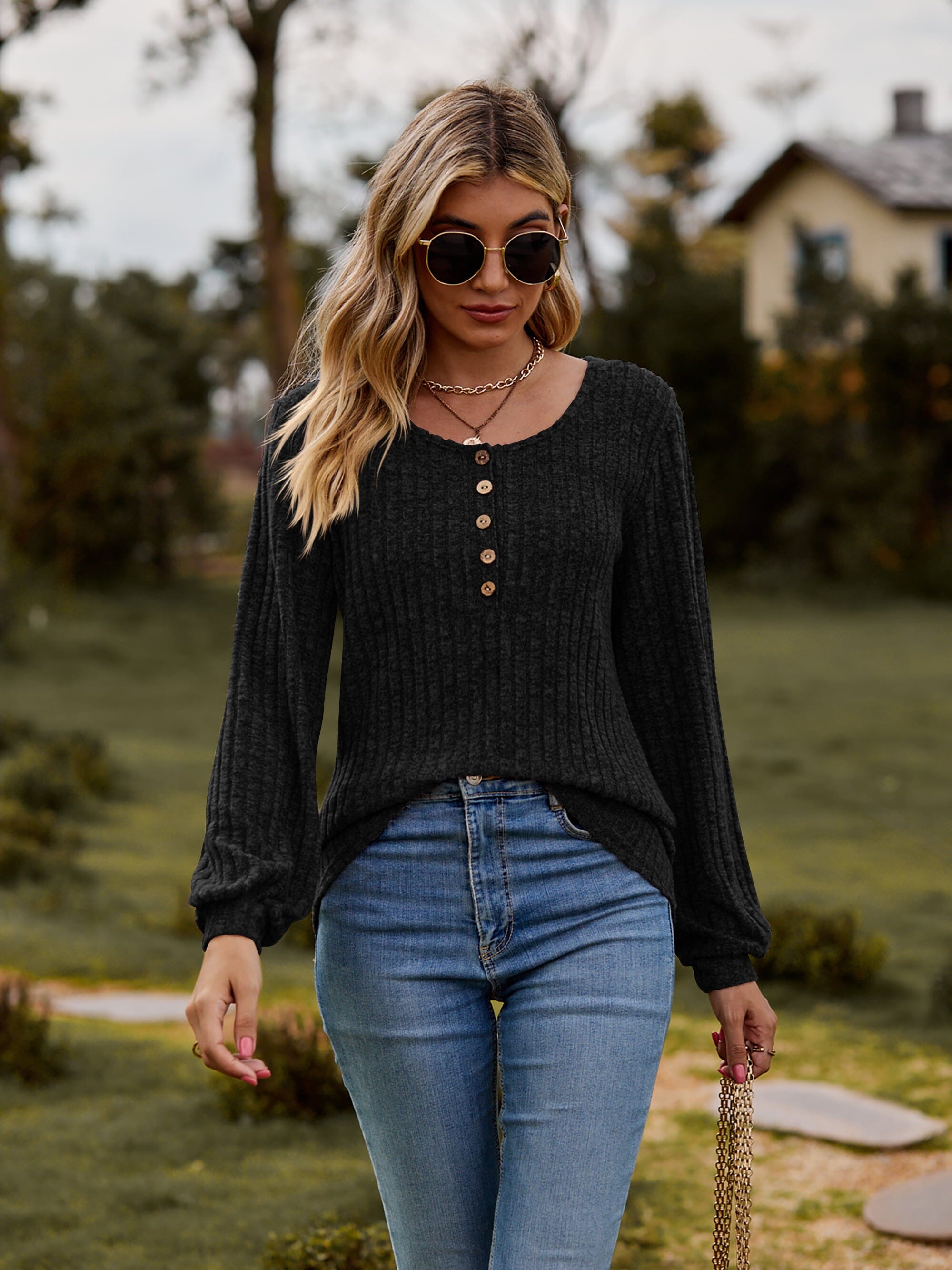 Round Neck Button-Down Long Sleeve Tee - Sydney So Sweet