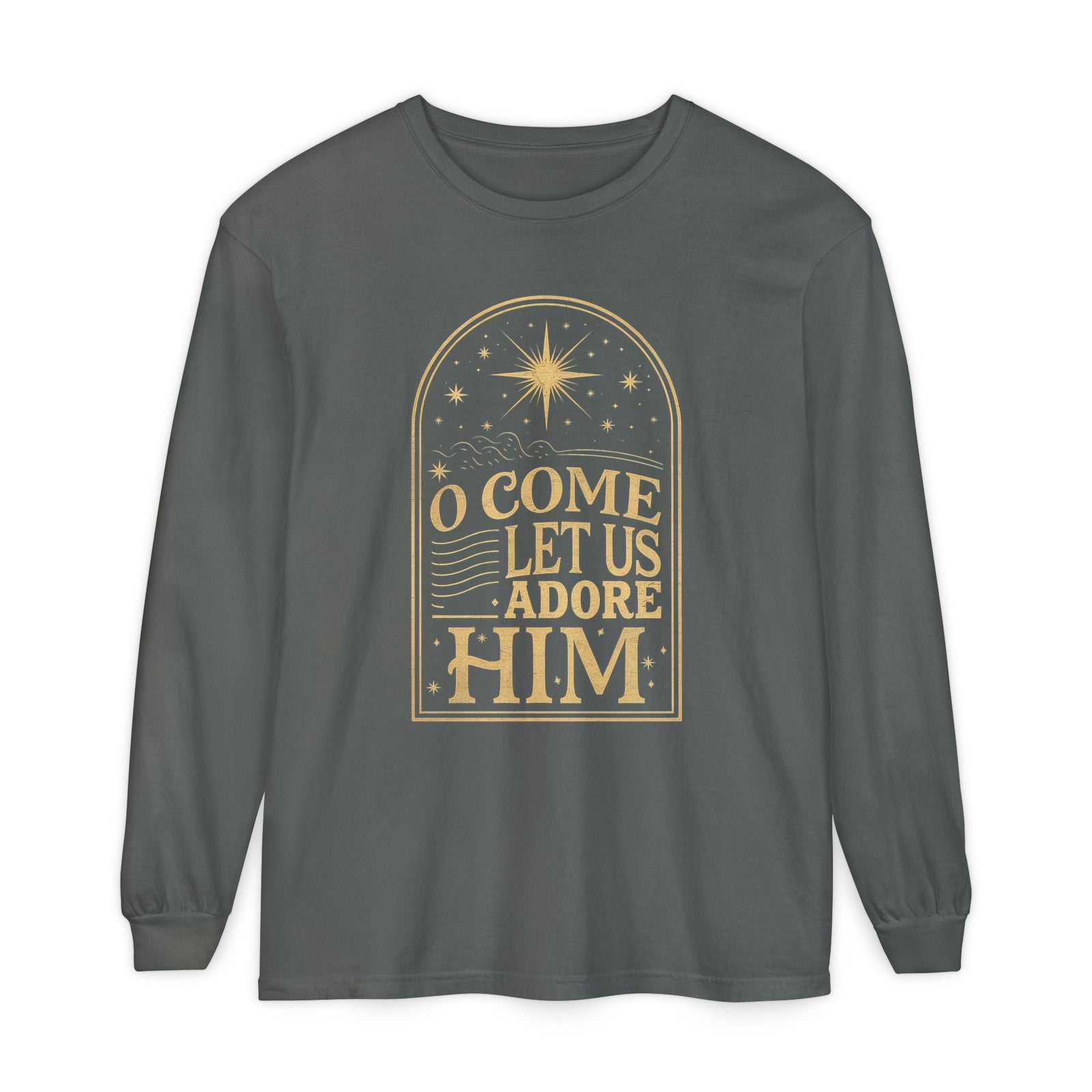 O Come Let Us Adore Him Long Sleeve T-Shirt Christmas Distressed Graphic Tee