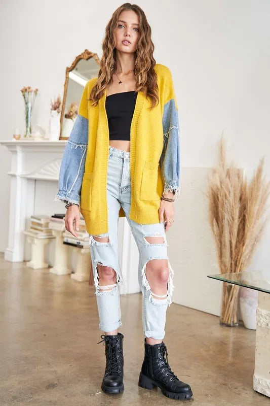 ADORA Full Size Frayed Denim Sleeve Sweater Cardigan Plus Size - Sydney So Sweet