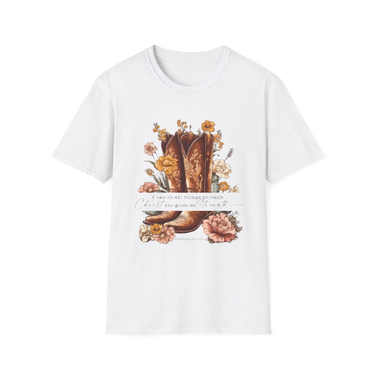 I Can Do All Things Through Christ Cowboy Boots Floral T-Shirt Western Boho Graphic Tee