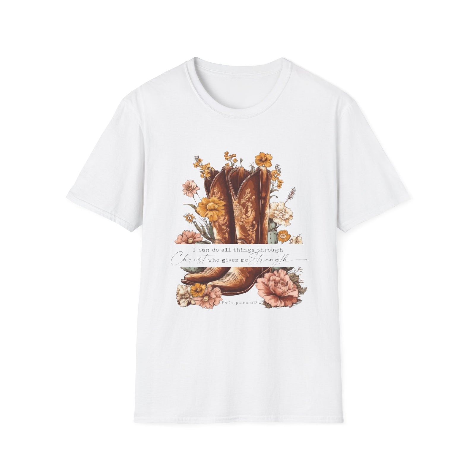 I Can Do All Things Through Christ Cowboy Boots Floral T-Shirt Western Boho Graphic Tee