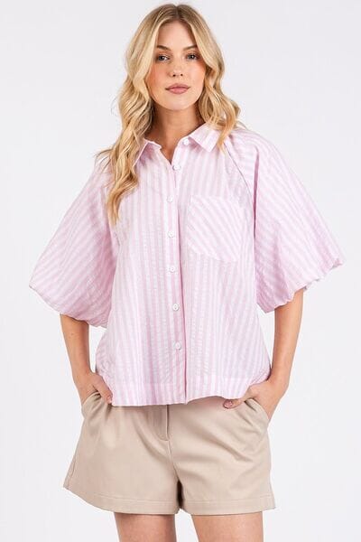 Mittoshop Button Down Striped Puff Sleeve Shirt - Sydney So Sweet