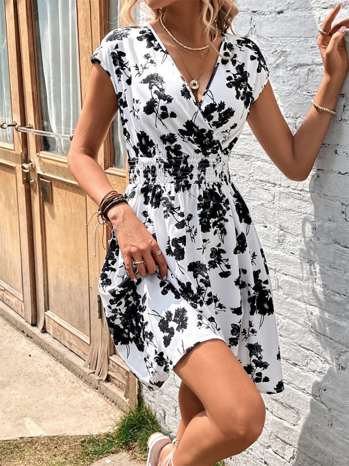 Printed Surplice Cap Sleeve Dress - Sydney So Sweet