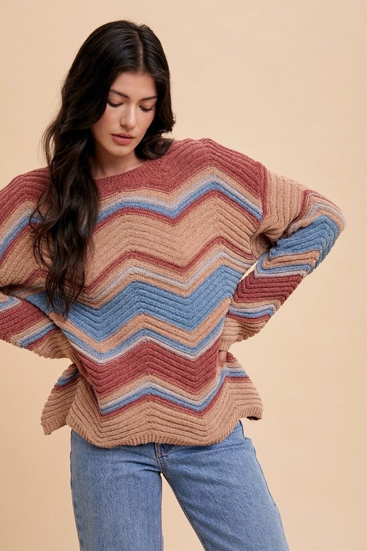 Annie Wear Multi Color Zig-Zag Round Neck Sweater - Sydney So Sweet