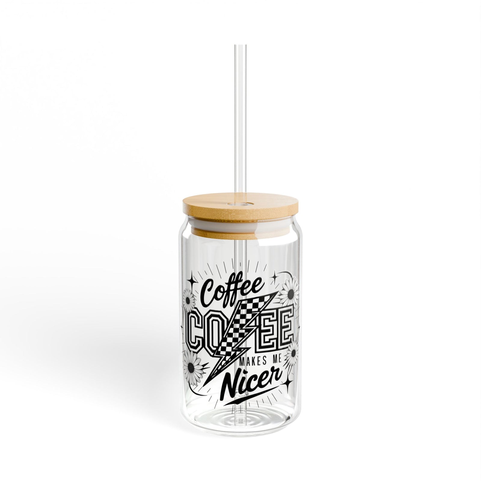 Coffee Makes Me Nicer Retro Sipper Glass 16oz Reusable Drink Jar with Lid & Straw