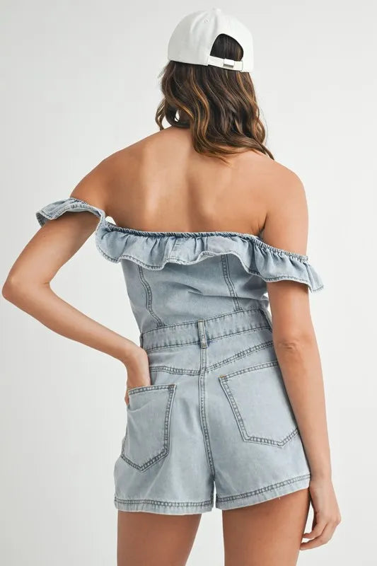 MABLE Off Shoulder Ruffle Detail Denim Romper - Sydney So Sweet