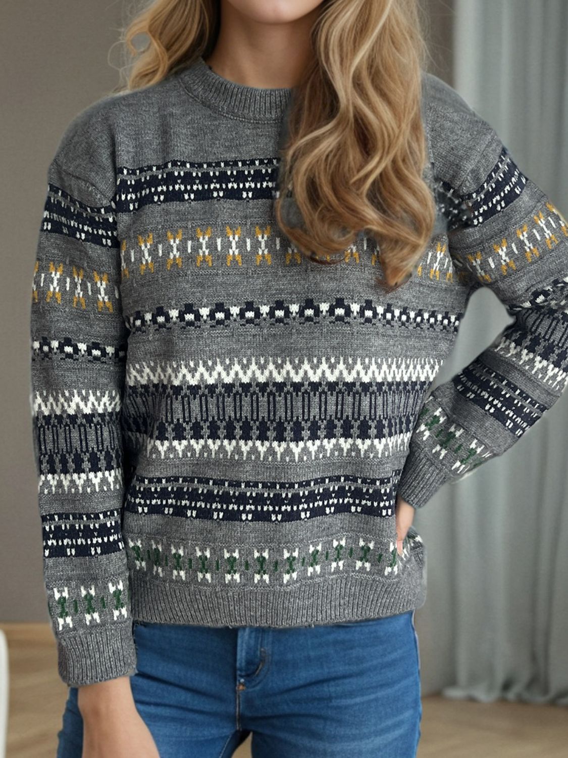 Geometric Round Neck Long Sleeve Sweater - Sydney So Sweet