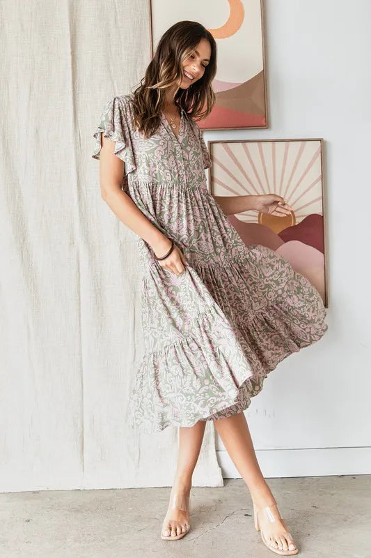 Mittoshop Abstract Print Ruffle Tier Midi Dress - Sydney So Sweet
