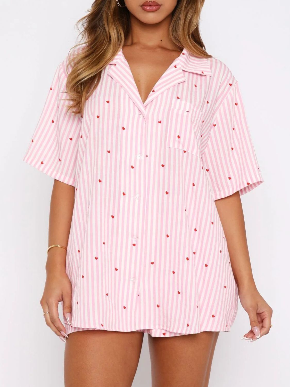 Valentine's Day Printed Collared Neck Short Sleeve Top and Shorts Set - Sydney So Sweet