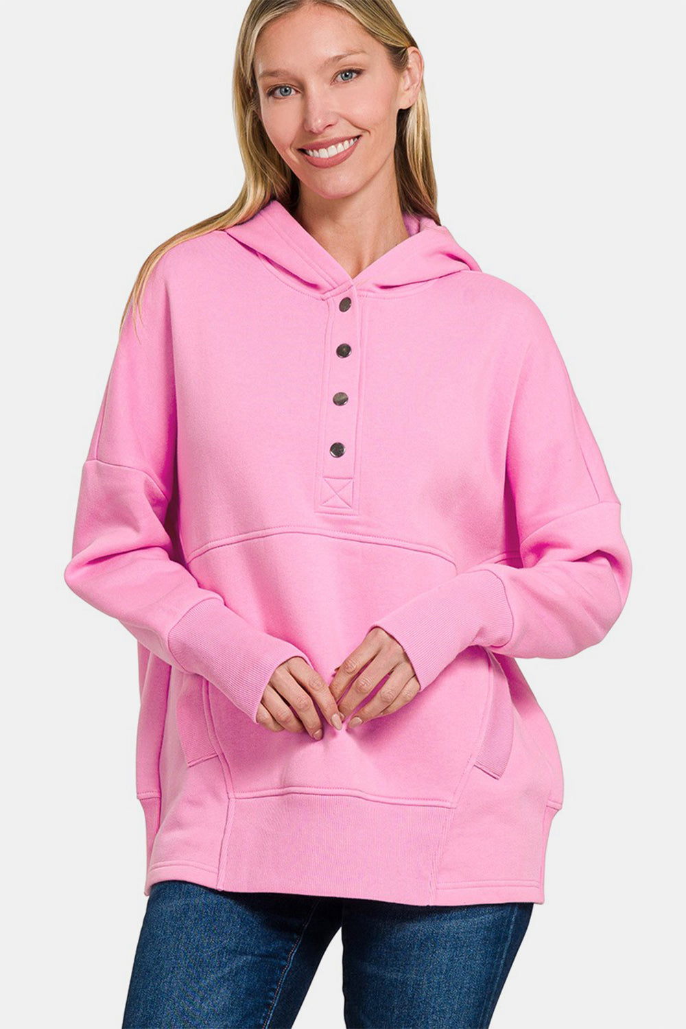 Zenana Half Snap Long Sleeve Hoodie with Kangaroo Pocket - Sydney So Sweet