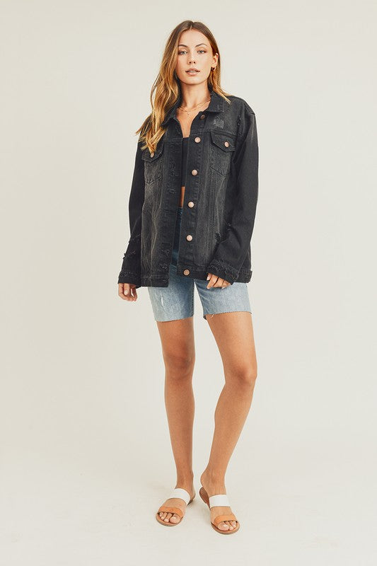 RISEN Full Size Distressed Long Sleeve Denim Jacket - Sydney So Sweet