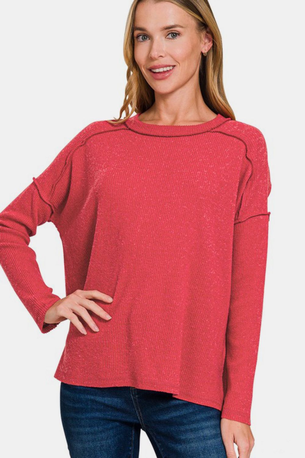 Zenana Full Size Exposed Seam Brushed Round Neck Sweater - Sydney So Sweet