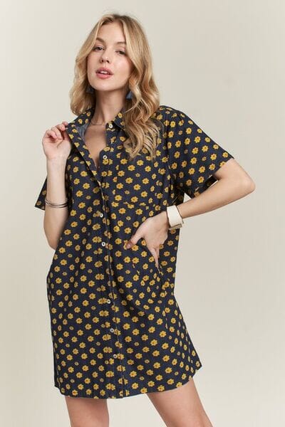 ADORA Floral Button-Up Mini Denim Dress - Sydney So Sweet