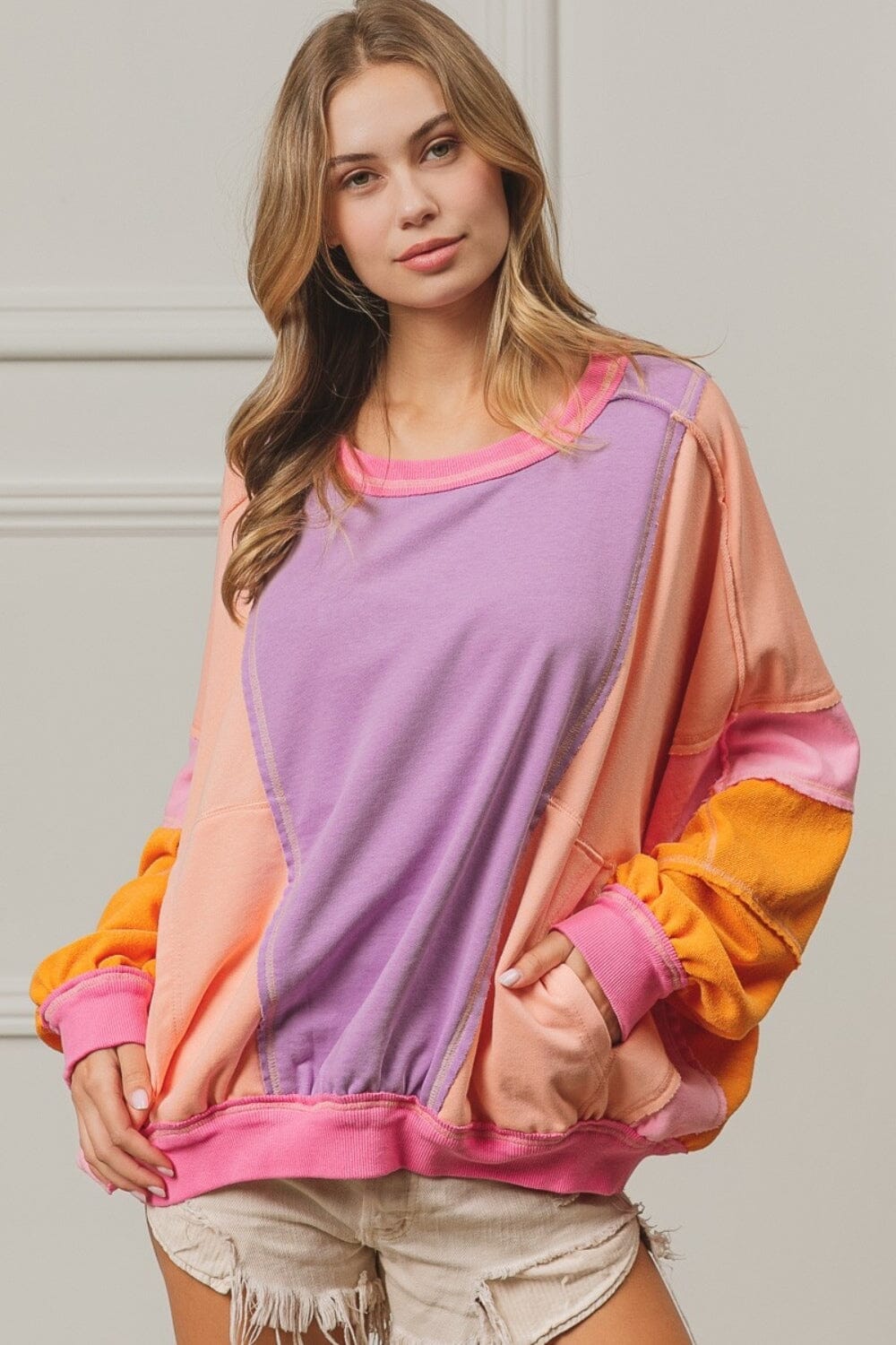 BiBi Color Block Exposed Seam Sweatshirt with Pockets - Sydney So Sweet