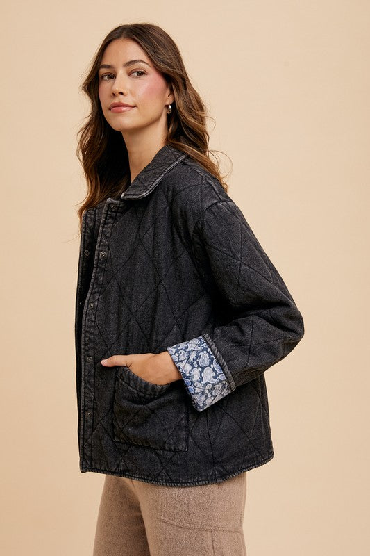 Annie Wear Quilted Printed Lining Snap Down Denim Jacket - Sydney So Sweet