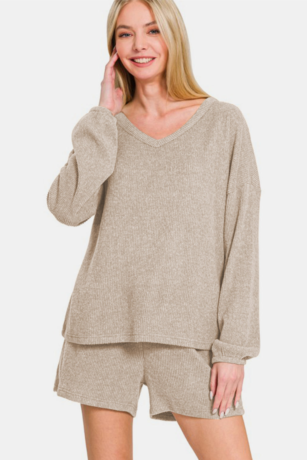 Zenana V-Neck Long Sleeve Ribbed Top and Shorts Set - Sydney So Sweet