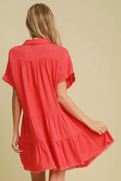 Umgee Full Size Raw Hem Folded Sleeve Tiered Dress Plus Size - Sydney So Sweet