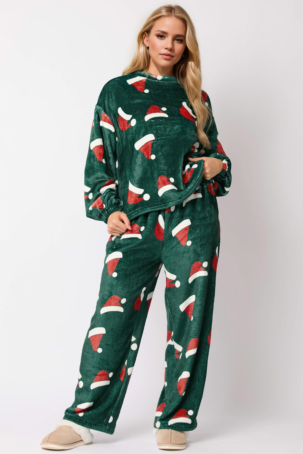 Christmas Hat Pattern Round Neck Long Sleeve Top and Pants Set - Sydney So Sweet